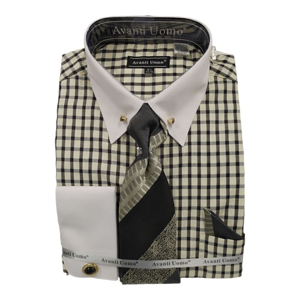 MEN'S AVANTI UOMO  WINDOW PANE  DRESS SHIRT WITH FRENCH CUFF & STONE COLLAR BAR.